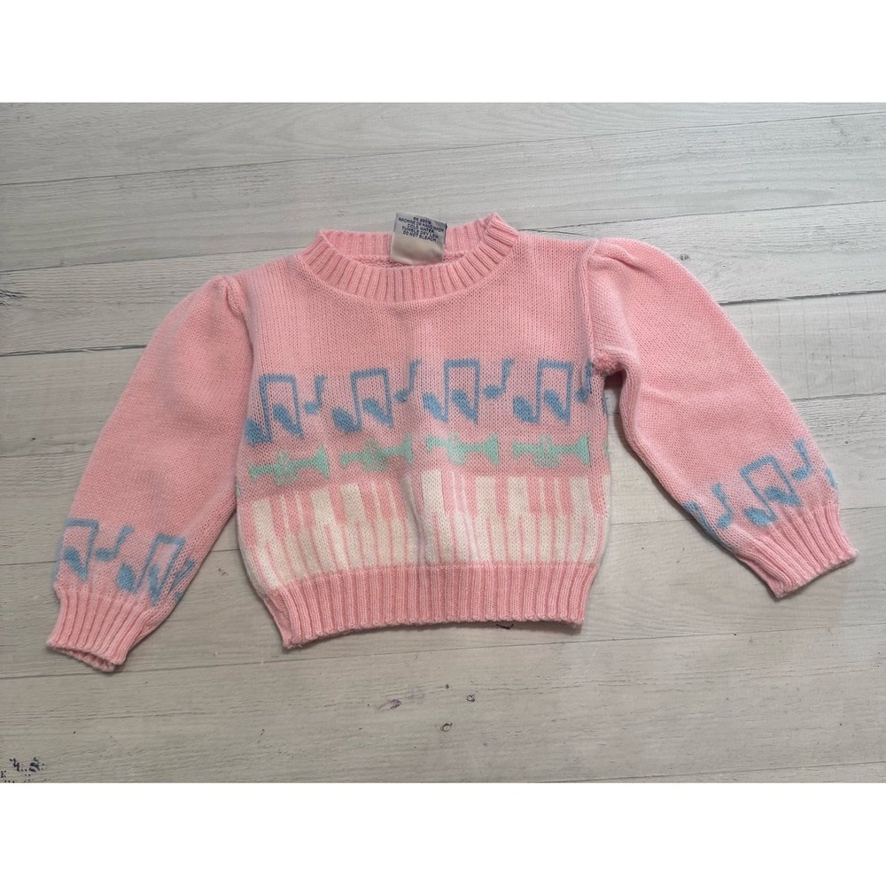 Vintage Little Funky girls pink sweater music notes